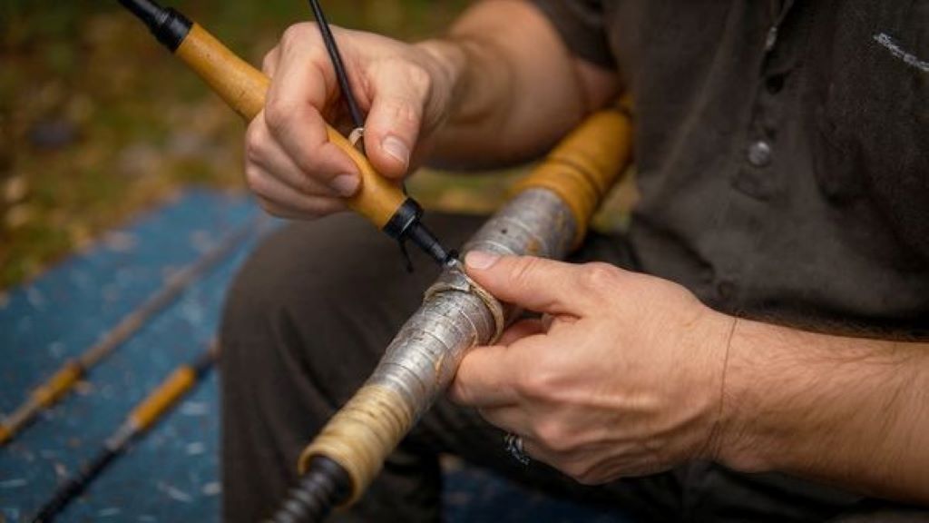 Angler repairing cracked fishing rod blank with thread wrap technique and protective finish