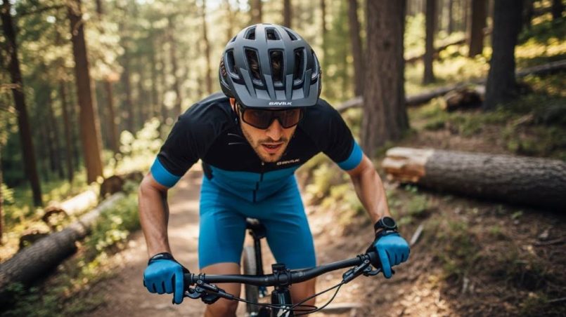 Adult cyclist wearing the Bavilk multi-sport helmet on a mountain trail, showcasing adjustable fit and ventilation ports