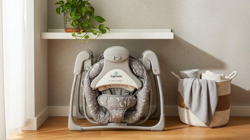 Folded Ingenuity Soothe ‘n Delight baby swing stored neatly in compact apartment corner for space efficiency