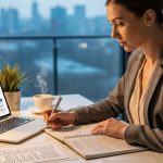Professional woman working on laptop reviewing international job opportunities and career documents