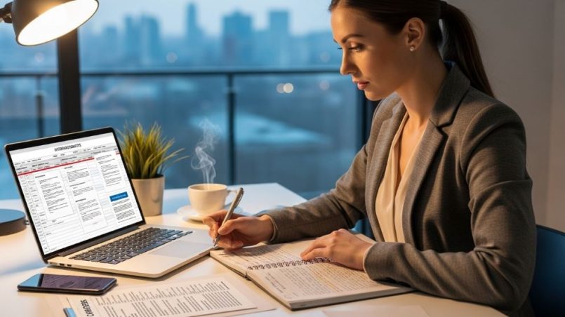 Professional woman working on laptop reviewing international job opportunities and career documents