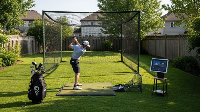 Outdoor golf practice setup with a launch monitor, hitting mat, and golf net in a backyard
