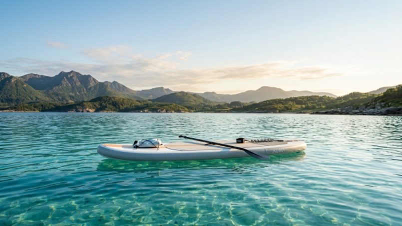 Sleek inflatable paddle board floating on clear turquoise water under bright sunlight.