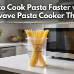 Microwave pasta cooker filled with dry spaghetti and water on a kitchen counter with article title overlay.