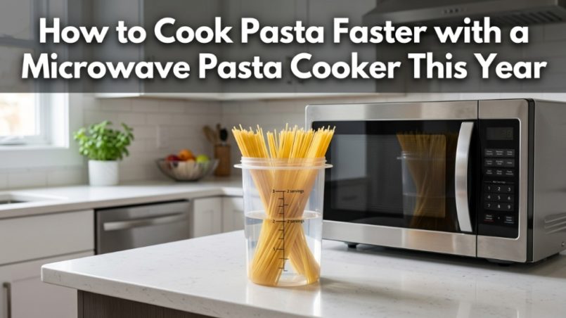 Microwave pasta cooker filled with dry spaghetti and water on a kitchen counter with article title overlay.