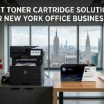 High-end laser printer in a Manhattan office overlooking the NYC skyline with text reading Best Toner Cartridge Solutions.