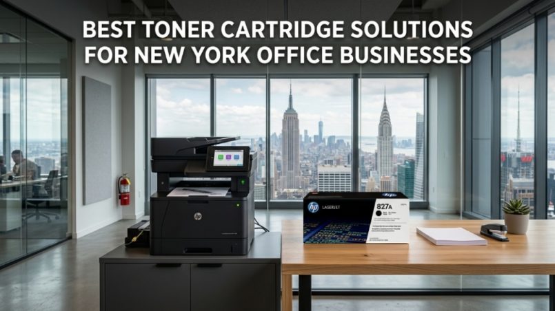 High-end laser printer in a Manhattan office overlooking the NYC skyline with text reading Best Toner Cartridge Solutions.