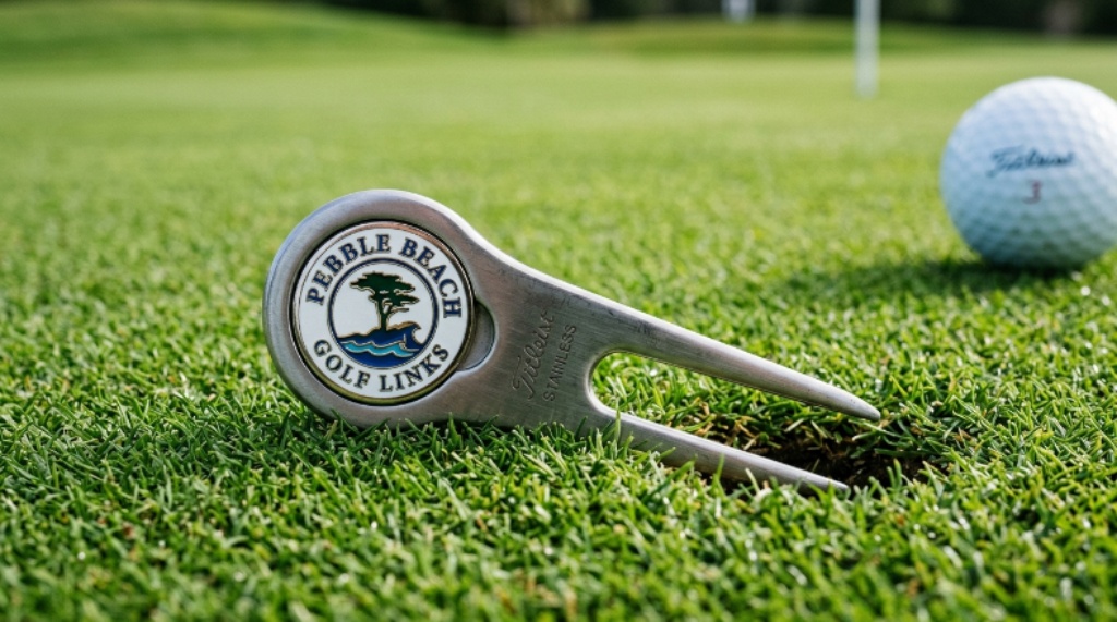 Close-up of a stainless steel golf divot tool with magnetic ball marker resting on a golf green