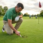 Golfer using a two-pronged divot tool to repair a pitch mark on a well-maintained putting green