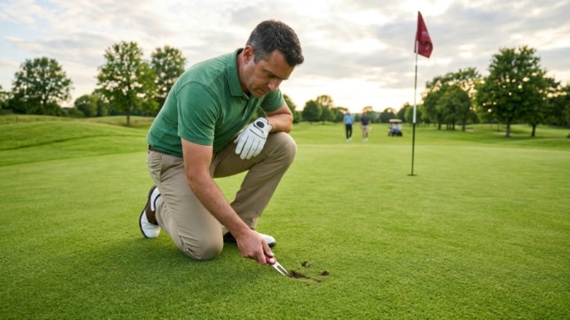 Golfer using a two-pronged divot tool to repair a pitch mark on a well-maintained putting green