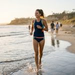 Active woman wearing comfortable athletic swimwear at the beach