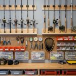A well-organized home garage fishing gear station with wall-mounted rod holders, labeled tackle boxes, and pegboard DIY storage