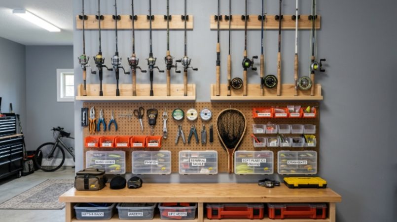 A well-organized home garage fishing gear station with wall-mounted rod holders, labeled tackle boxes, and pegboard DIY storage