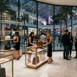 Luxury designer bag boutique interior inside a high-end Las Vegas mall on the Strip with marble floors and display cases