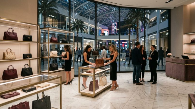 Luxury designer bag boutique interior inside a high-end Las Vegas mall on the Strip with marble floors and display cases