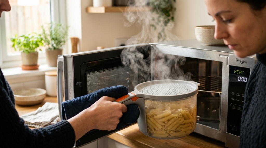 Hands removing a steaming microwave pasta cooker out of an open microwave oven in a modern kitchen.