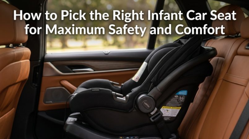 A secure infant car seat installed in a vehicle with article title text overlay.