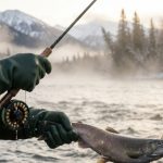 Angler wearing waterproof fishing gloves on a cold Alaskan river.