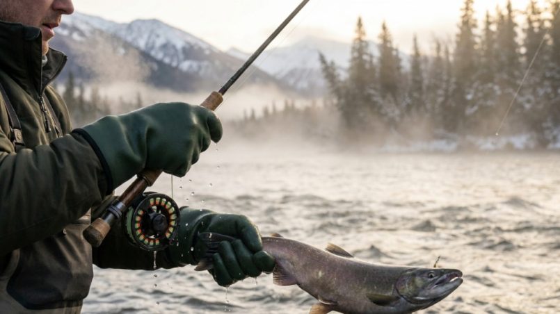 Angler wearing waterproof fishing gloves on a cold Alaskan river.
