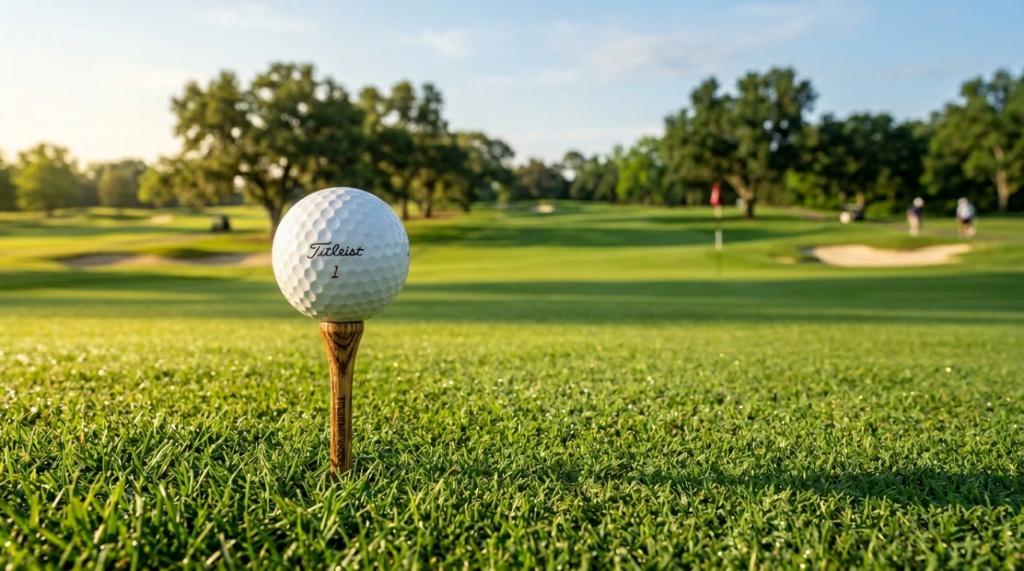 Close up of a golfer placing a ball onto a tee on the fairway.