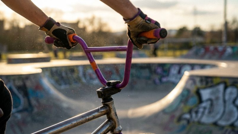 Hands gripping colorful BMX handlebars at an outdoor skatepark.