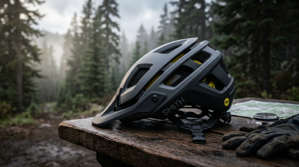 A cyclist wearing protective gear riding a mountain bike down a rugged dirt trail.