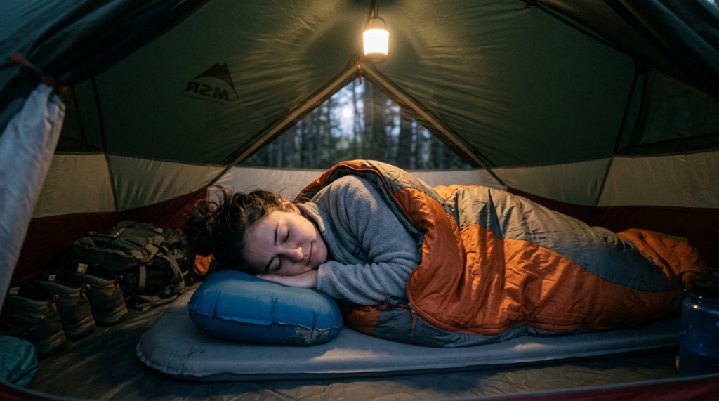 Camper sleeping comfortably in a tent with a budget camp pillow.