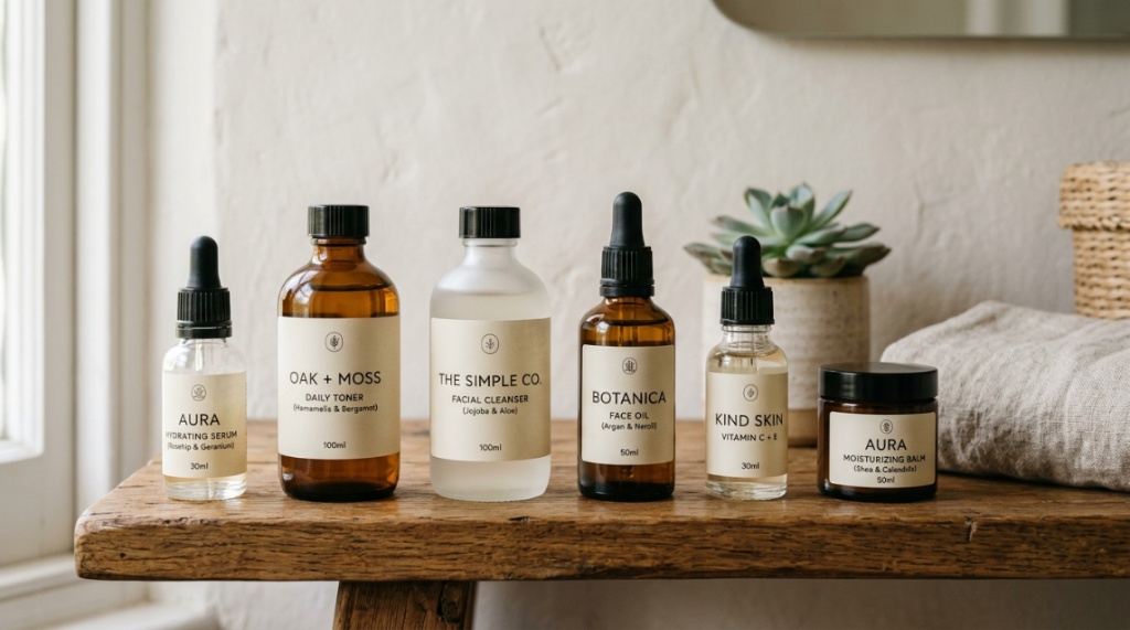Close-up of minimalist skincare bottles arranged neatly on a wooden shelf.