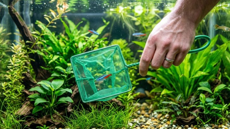 Person using a fine-mesh net inside a planted freshwater aquarium.