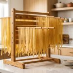 Fresh fettuccine pasta strands hanging on a bamboo drying rack on a kitchen counter.