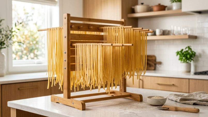 Fresh fettuccine pasta strands hanging on a bamboo drying rack on a kitchen counter.