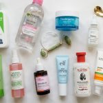 Flat lay of affordable skincare products arranged on a clean white surface.