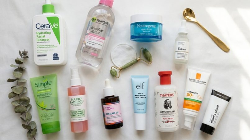Flat lay of affordable skincare products arranged on a clean white surface.