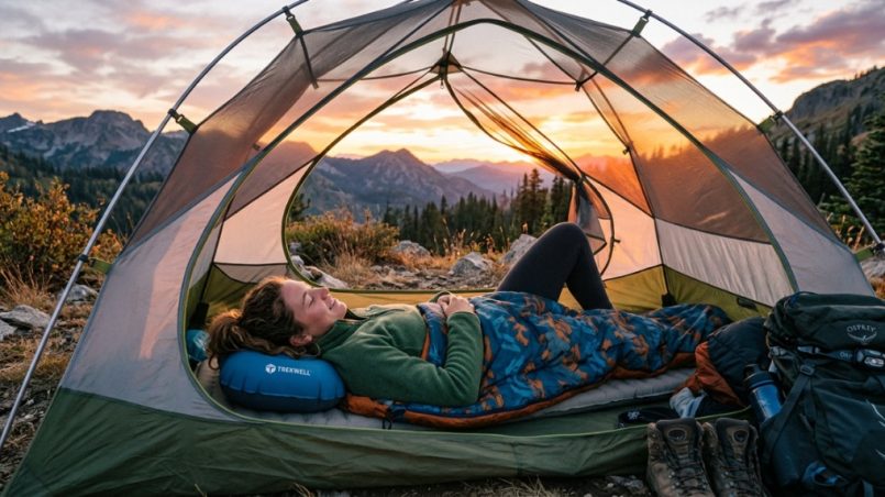 Hiker relaxing inside a tent using an affordable camping pillow.