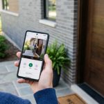 Person mounting smart video doorbell next to front entrance