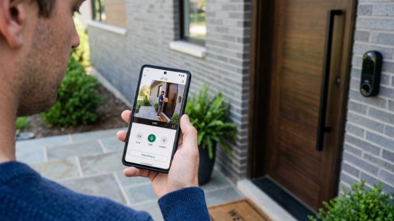 Person mounting smart video doorbell next to front entrance