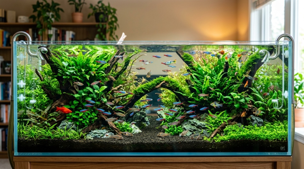 Person cleaning substrate and performing maintenance on a freshwater aquarium tank.