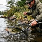 Angler landing a large bass using a budget net.