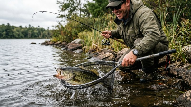 Angler landing a large bass using a budget net.