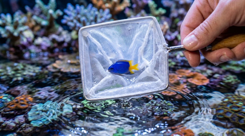 Delicate saltwater fish inside a soft mesh net above water.