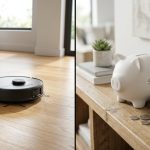 A smart robot vacuum cleaning hardwood floors next to a modern ceramic piggy bank.