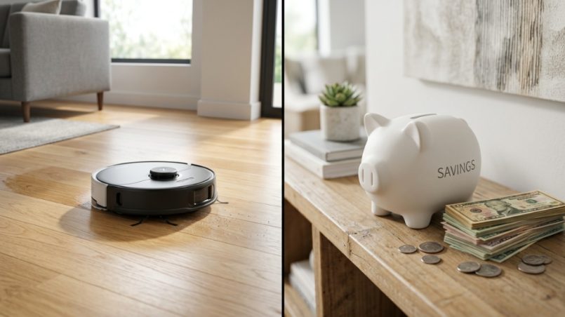 A smart robot vacuum cleaning hardwood floors next to a modern ceramic piggy bank.