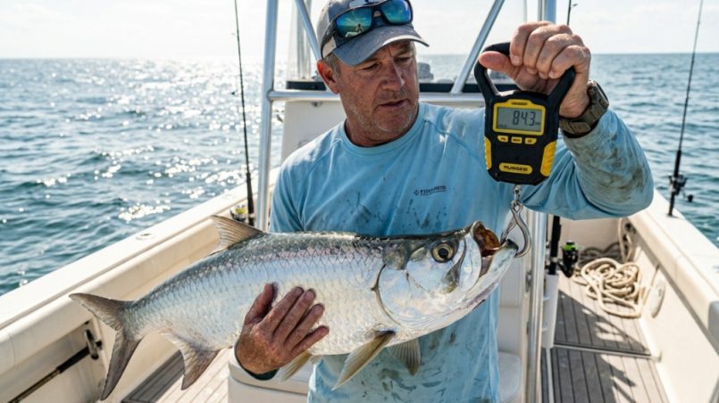 Fisherman uses a digital fish scale to weigh a large saltwater catch on a boat.