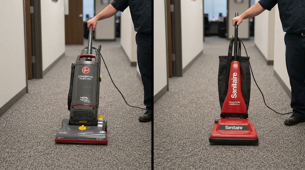 Two affordable commercial vacuums displayed side by side.