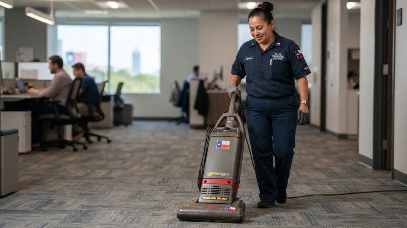 Janitor vacuuming a commercial Texas office floor.
