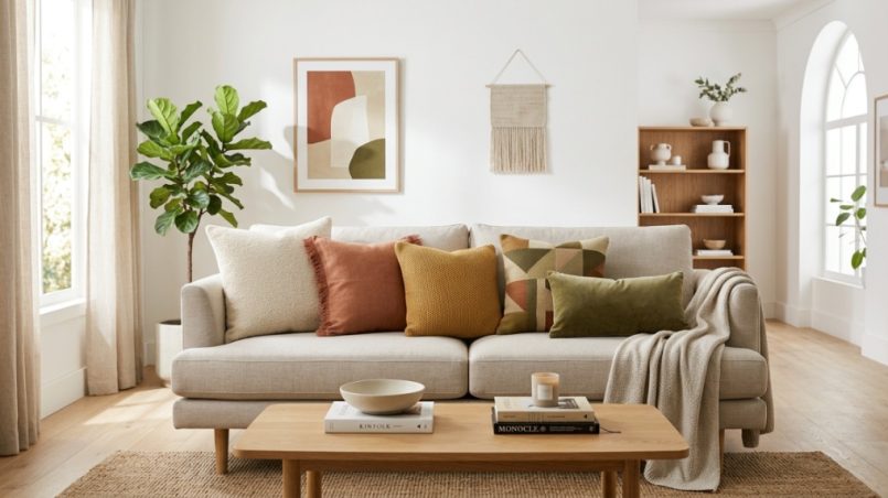 Modern living room sofa styled with a coordinated multi-pack of couch pillows.