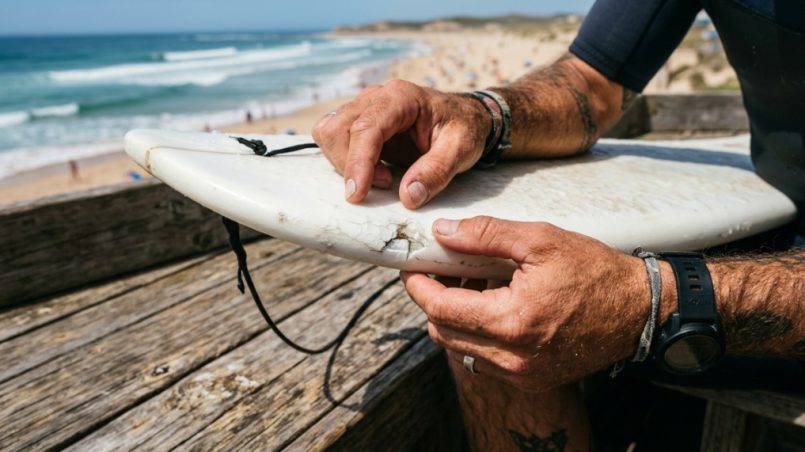 Surfer inspecting a small fiberglass ding on a surfboard rail outdoors.