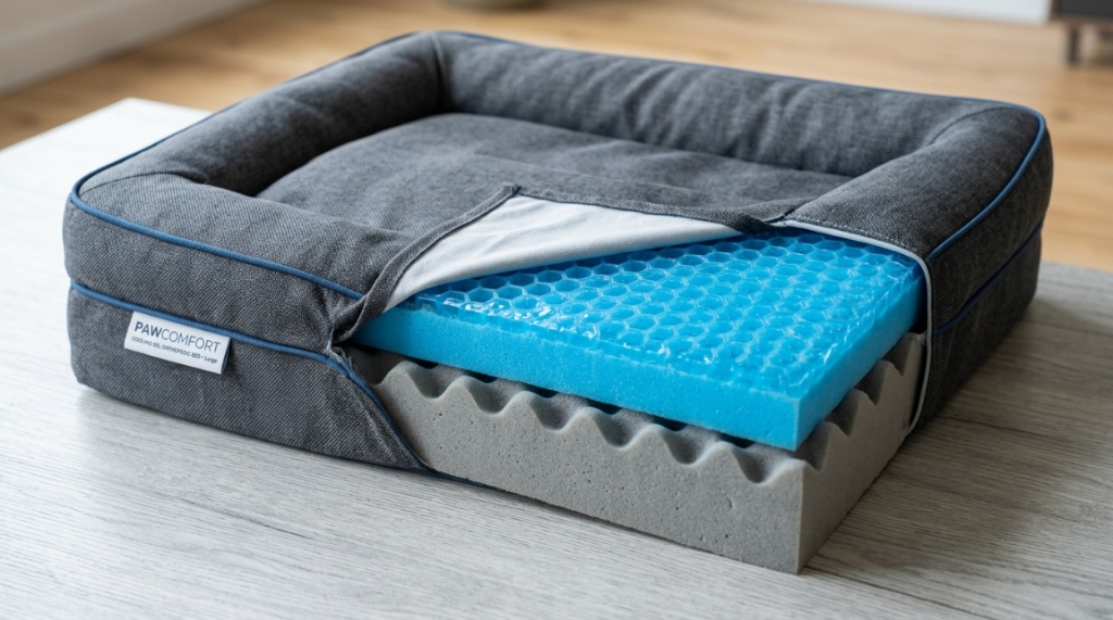 Small dog sleeping peacefully on a orthopedic gel cooling dog mat.