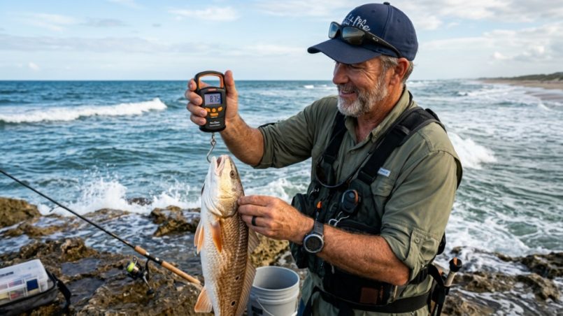 Digital scale weighing a large fish near a Texas lake.