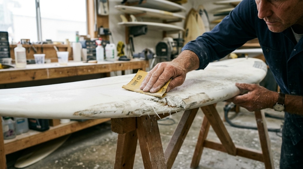 Sanding down the damaged fiberglass area on a surfboard surface.